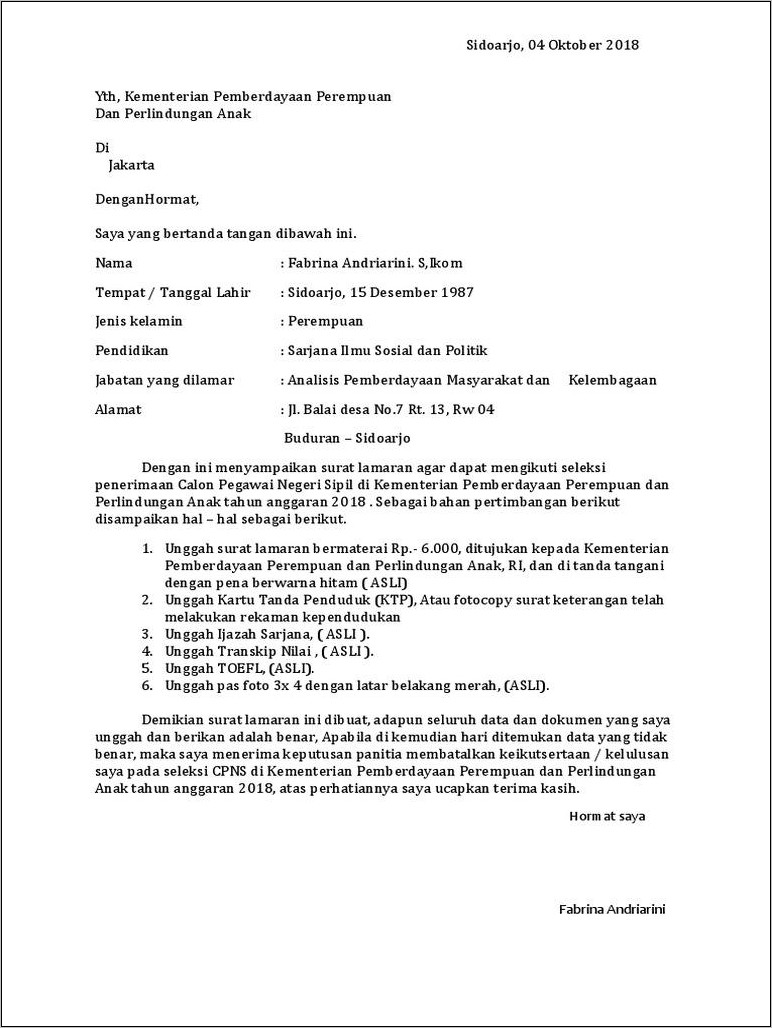 Contoh Surat Lamaran Sidoarjo