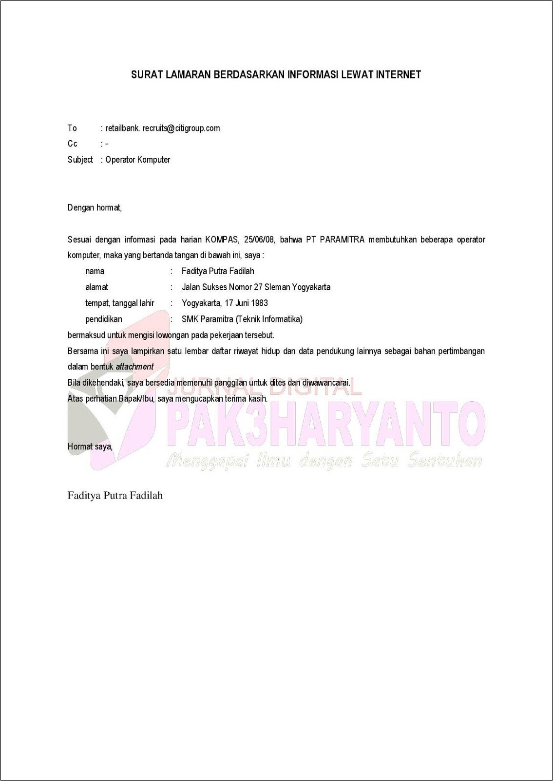 Contoh Surat Lamaran Tanpa Mencantumkan Posisi