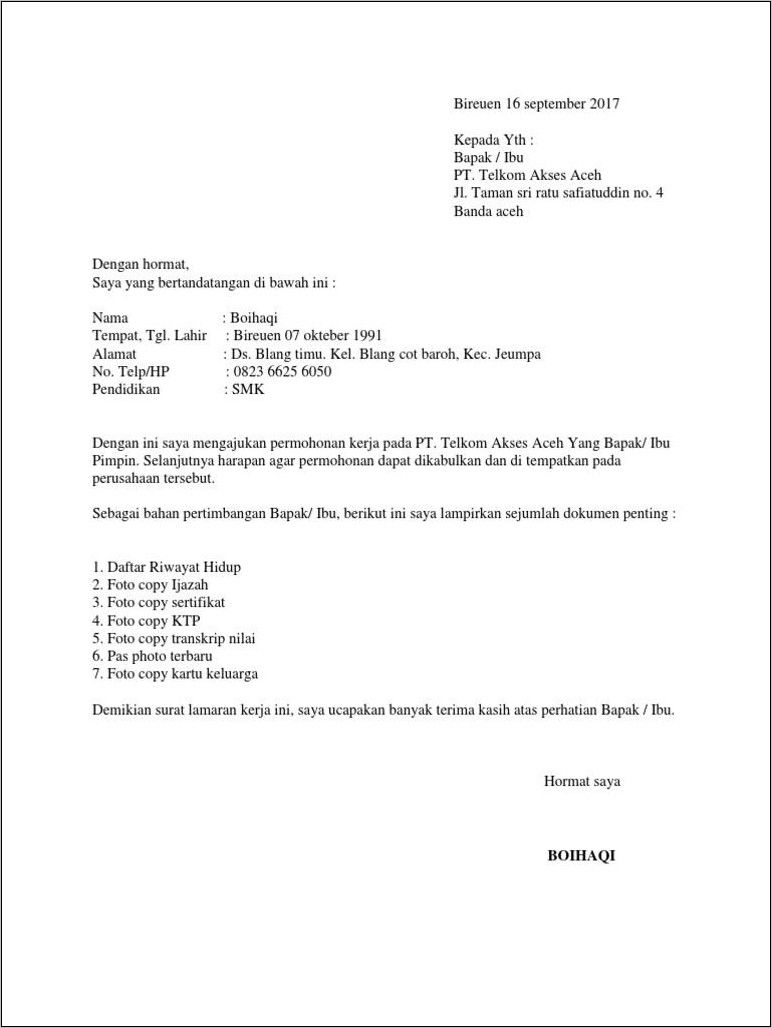 Contoh Surat Lamaran Telkom Singara
