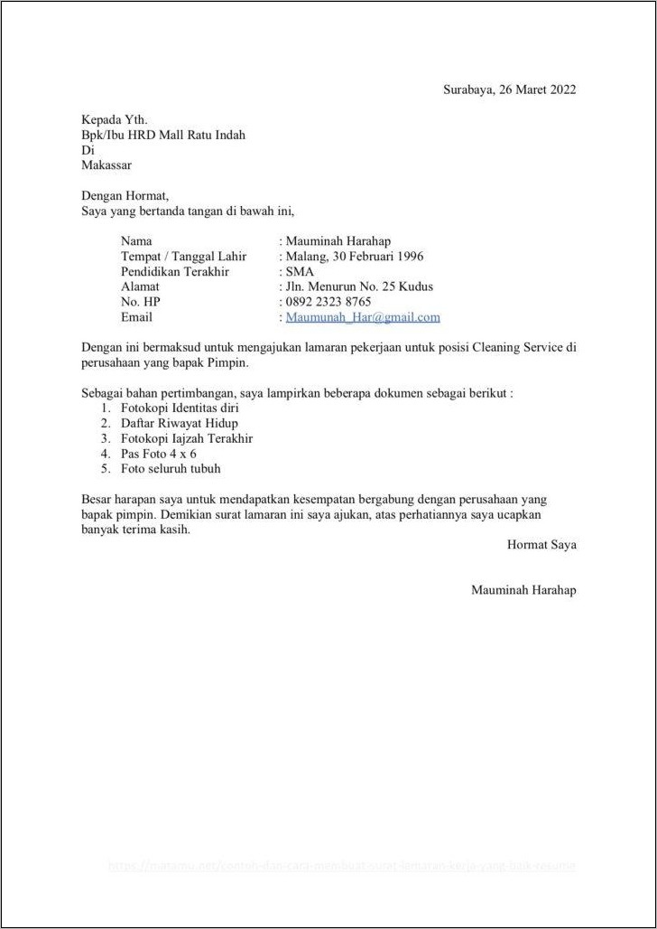 Contoh Surat Lamaran Tenaga Kontrak Tulis Tangan