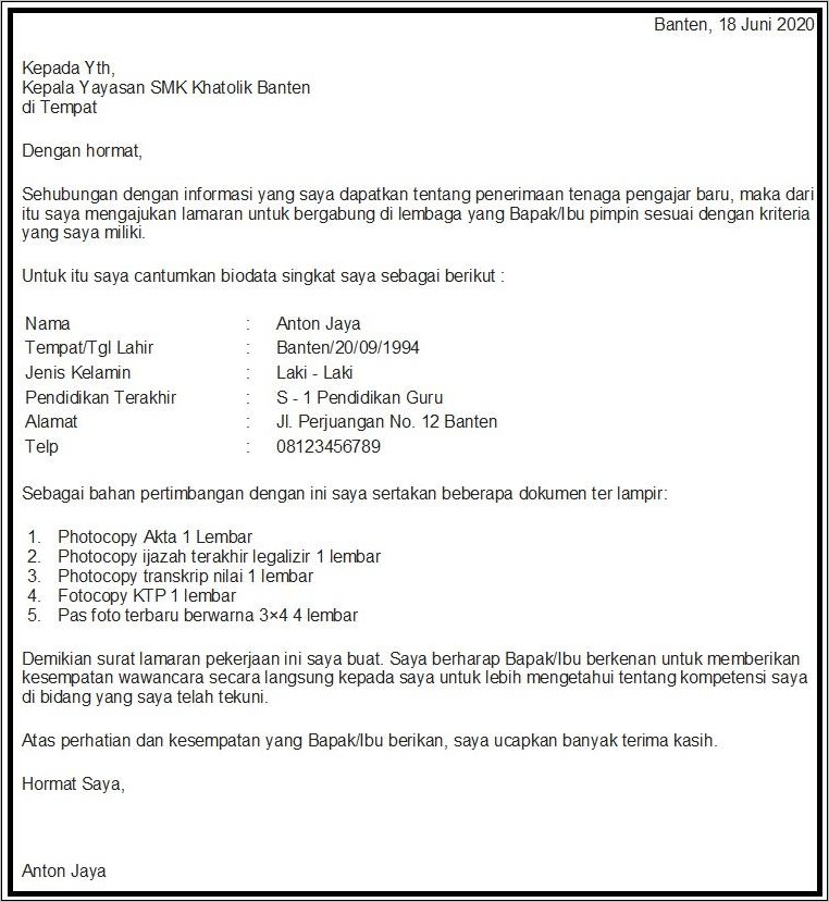 Contoh Surat Lamaran Terkini