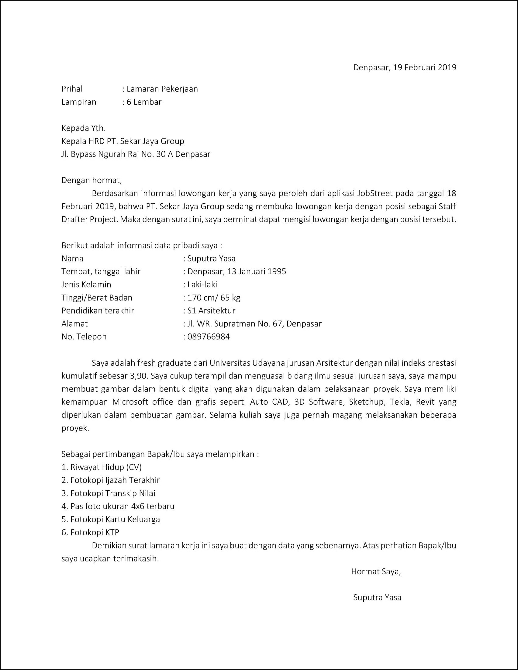 Contoh Surat Lamaran Tidak Tau Alamat