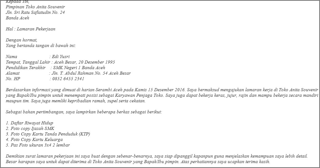 Contoh Surat Lamaran Toko Kue