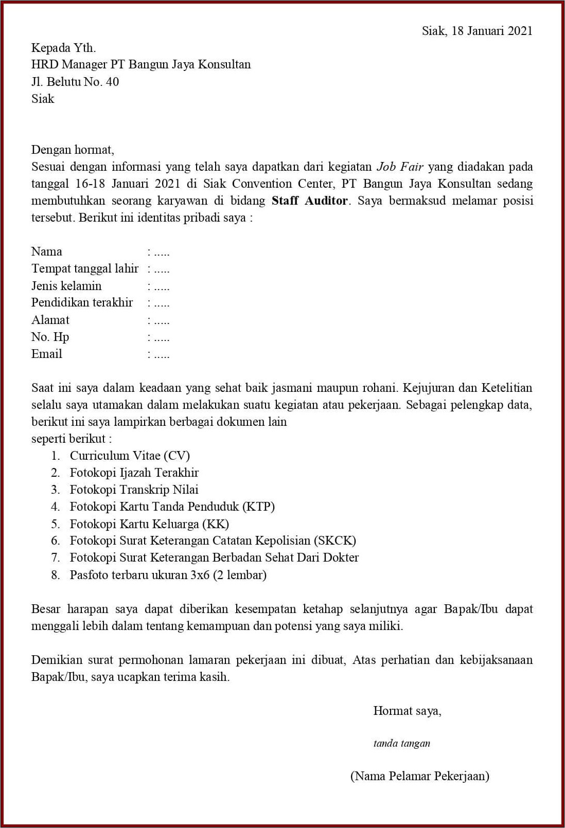 Contoh Surat Lamaran Trbaru
