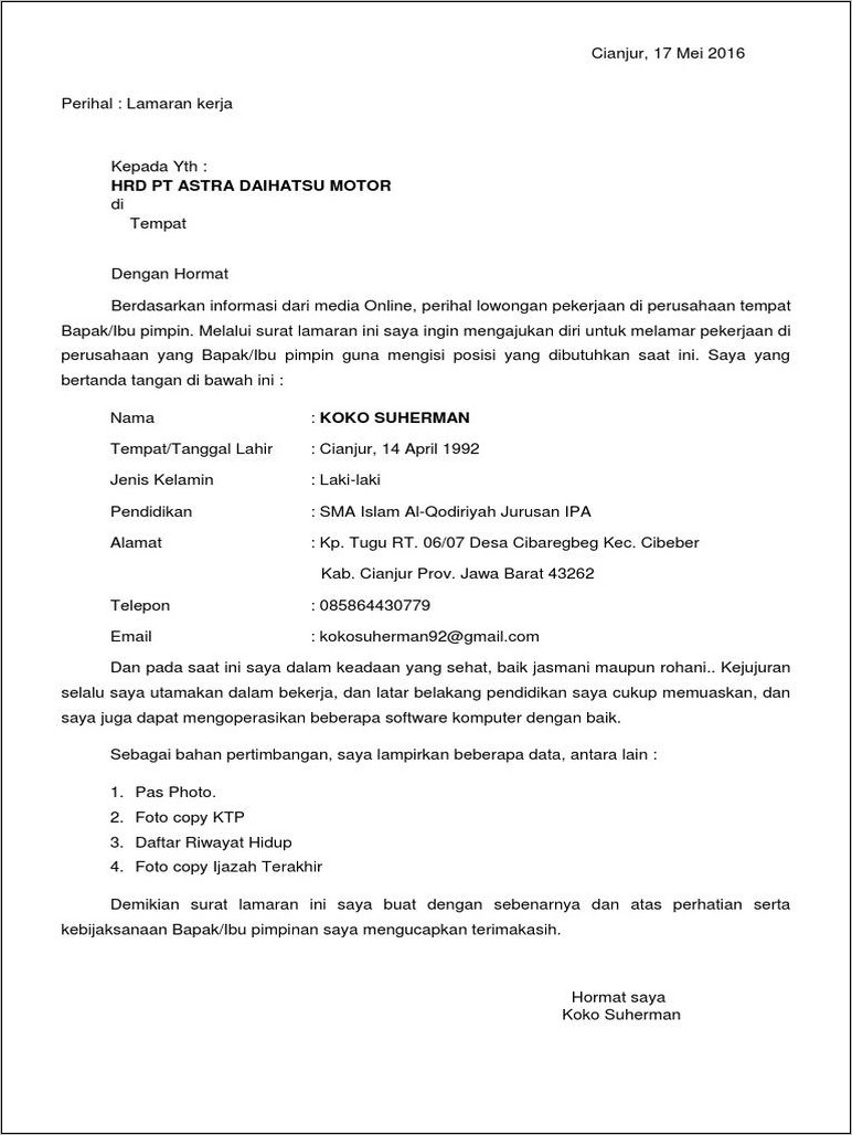 Contoh Surat Lamaran Tulis Pt Astra Daihatsu Motor