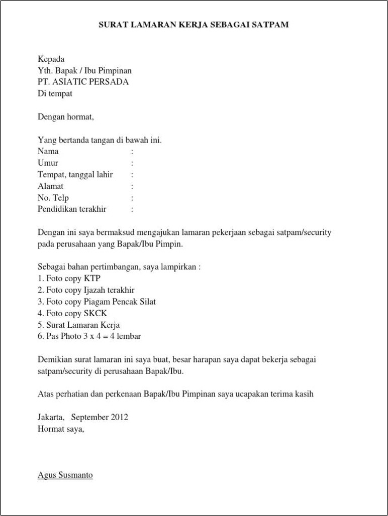 Contoh Surat Lamaran Tulis Tangan Satpam Ke Universitas