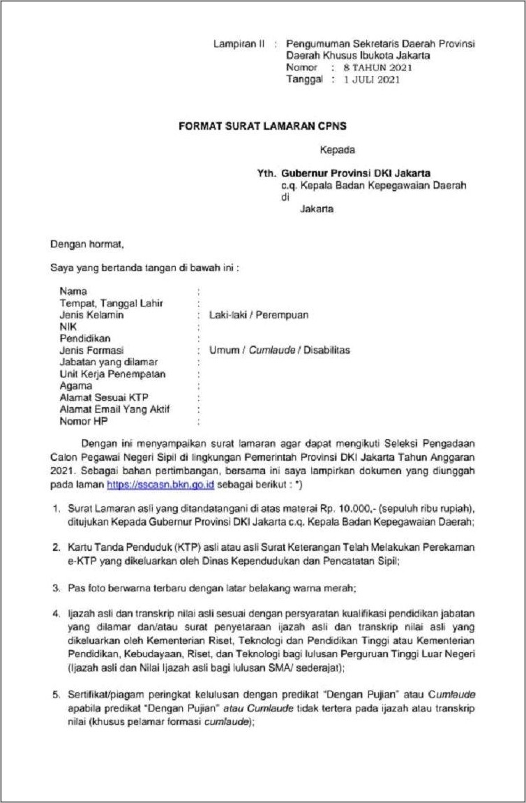 Contoh Surat Lamaran Untuk Asn Terbaru