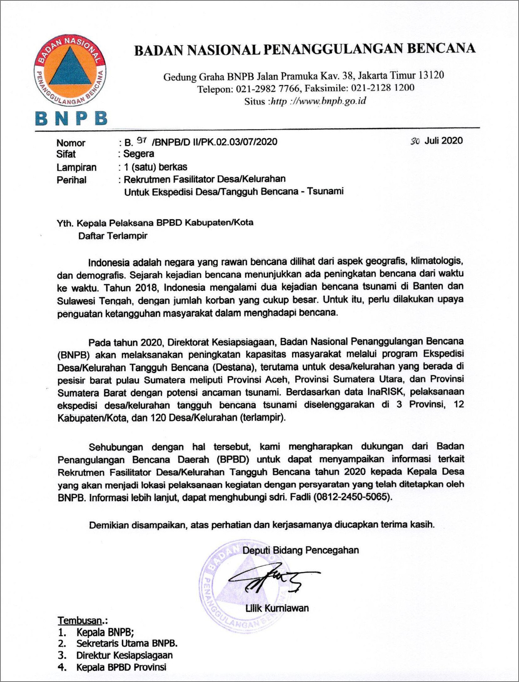 Contoh Surat Lamaran Untuk Bnpb
