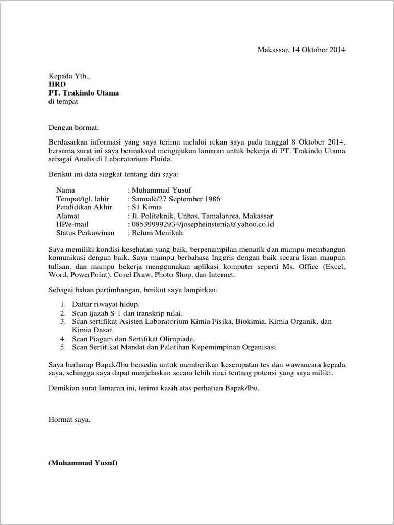 Contoh Surat Lamaran Untuk Bursa Kerja