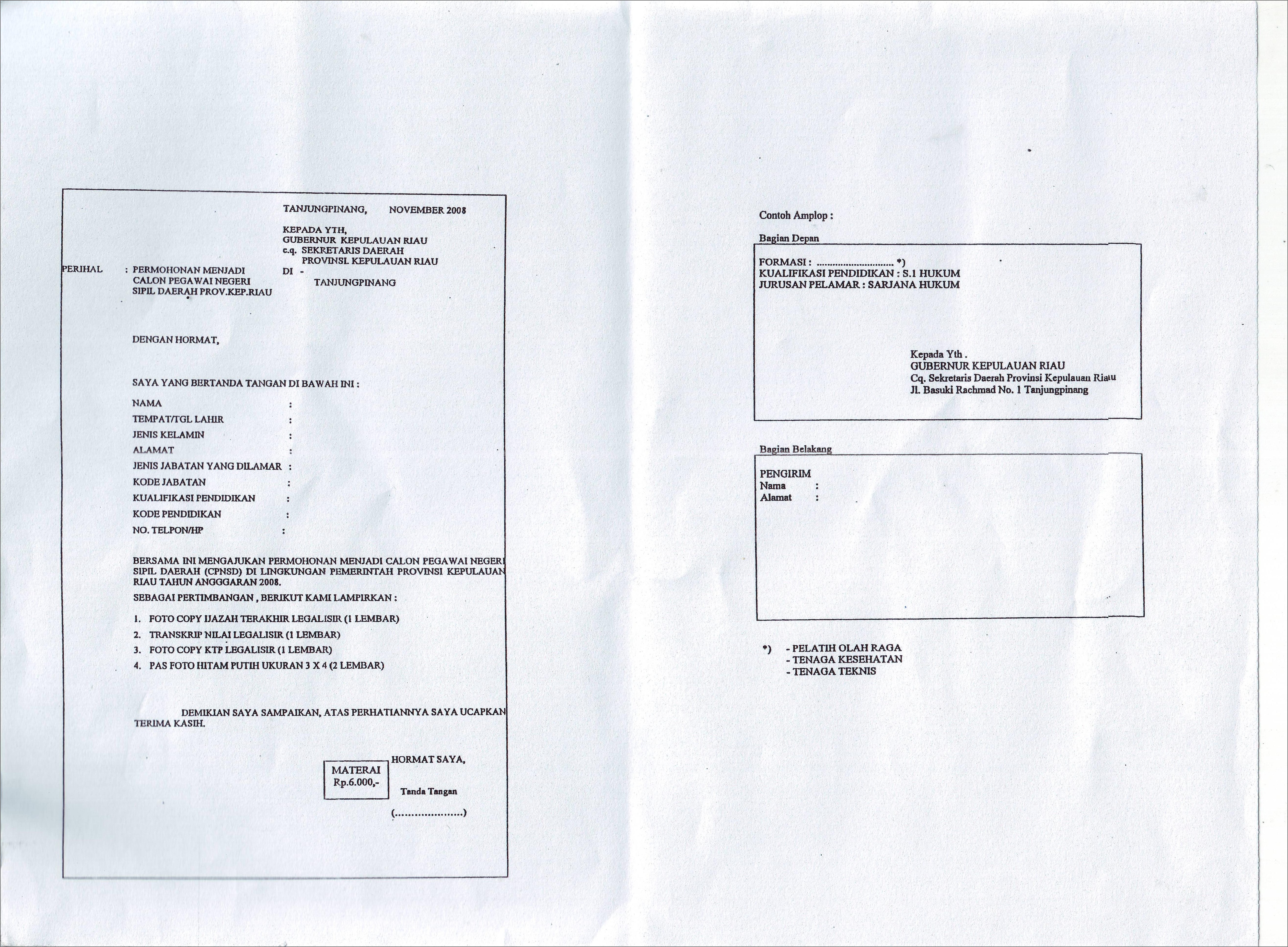 Contoh Surat Lamaran Untuk Cpns Di Pemprov Riau