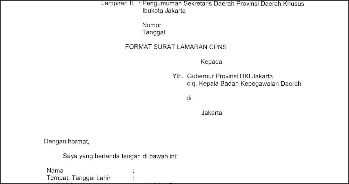 Contoh Surat Lamaran Untuk Cpns Kemenkeu