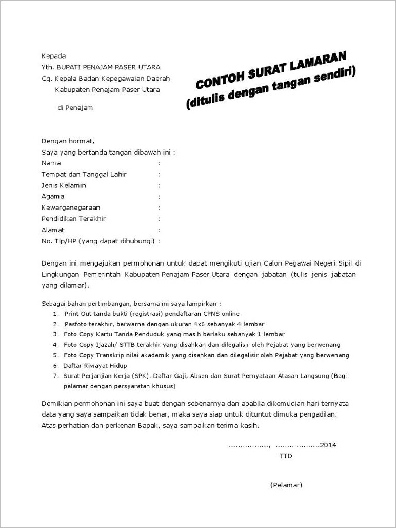 Contoh Surat Lamaran Untuk Cpns Kpu