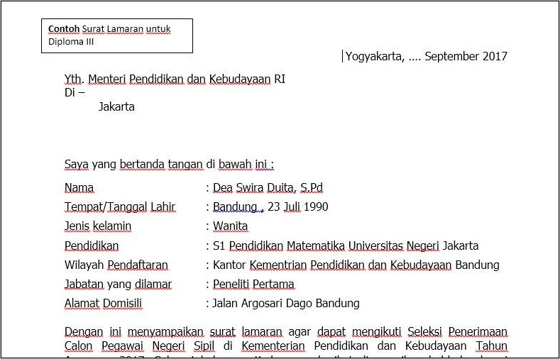 Contoh Surat Lamaran Untuk Daftar Cpns 2019