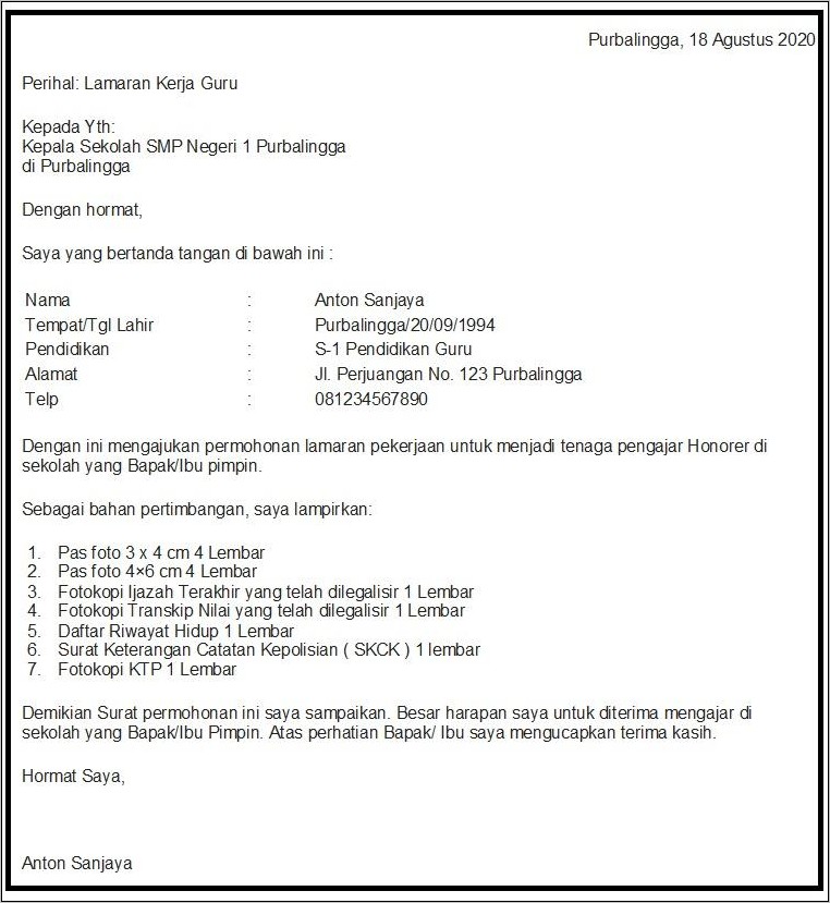 Contoh Surat Lamaran Untuk Guru Smp Cpns 2019