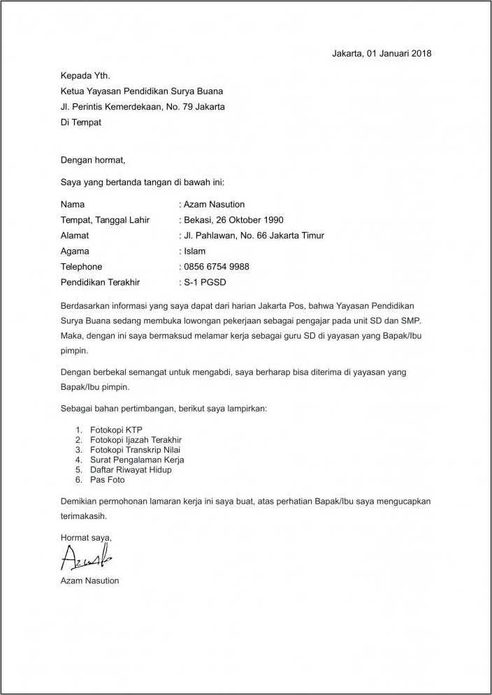 Contoh Surat Lamaran Untuk Guru Smp Sma