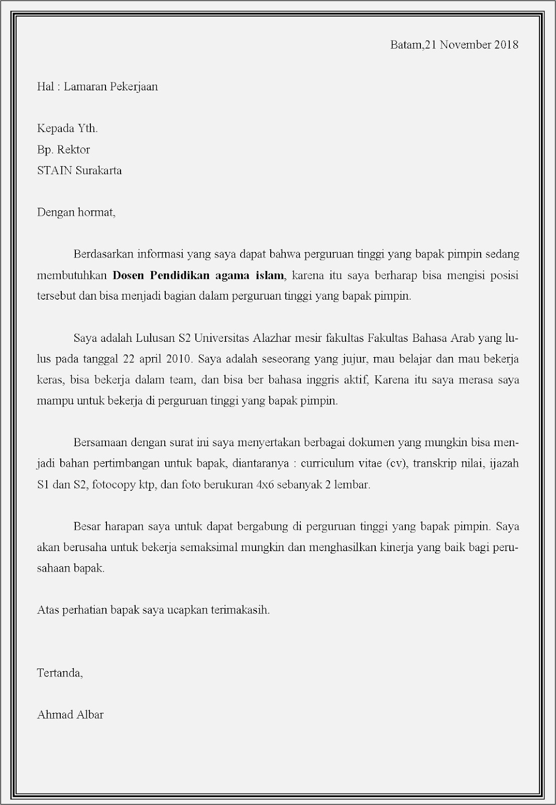 Contoh Surat Lamaran Untuk Jadi Dosen Tetap