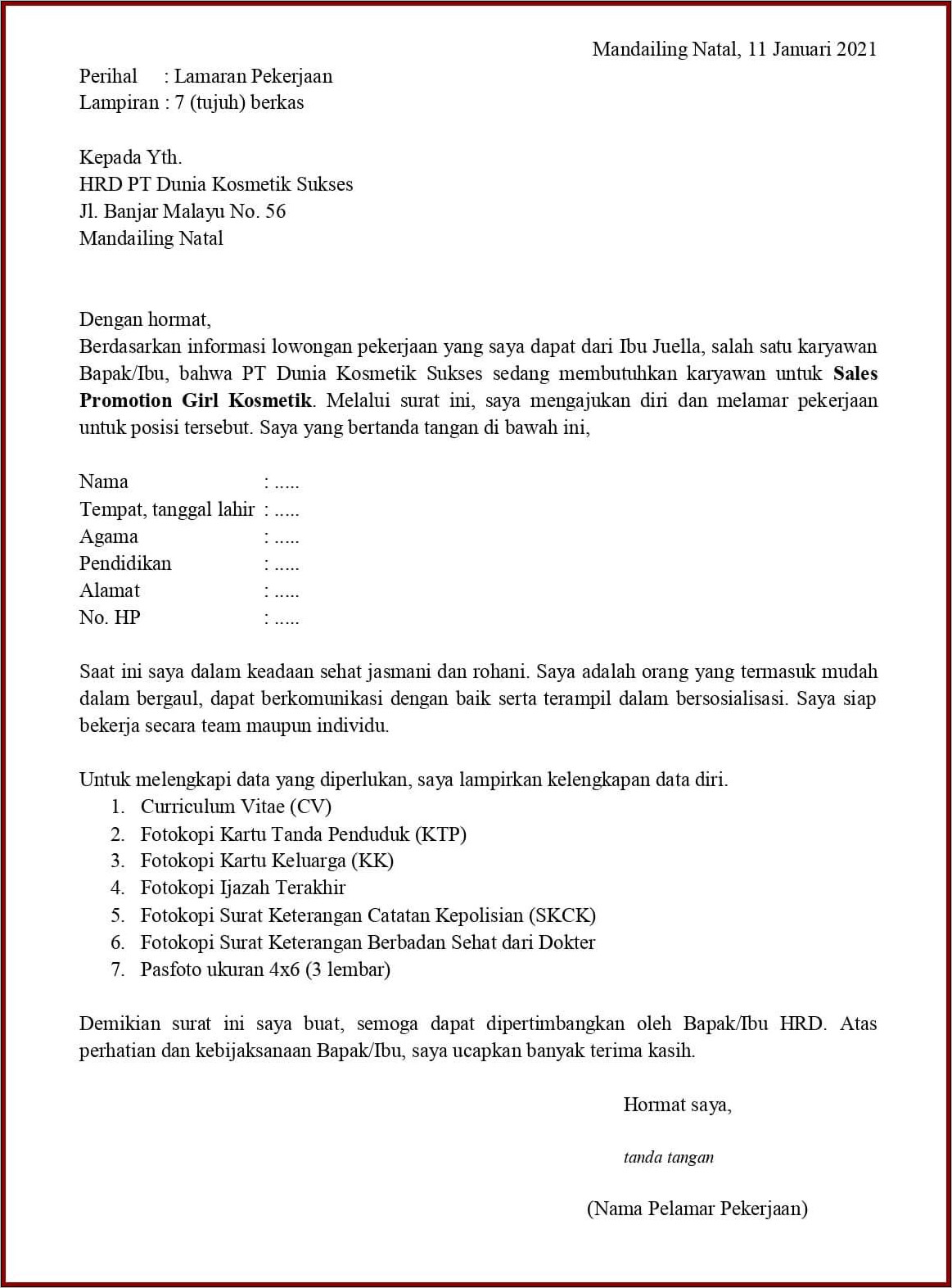 Contoh Surat Lamaran Untuk Jadi Spg