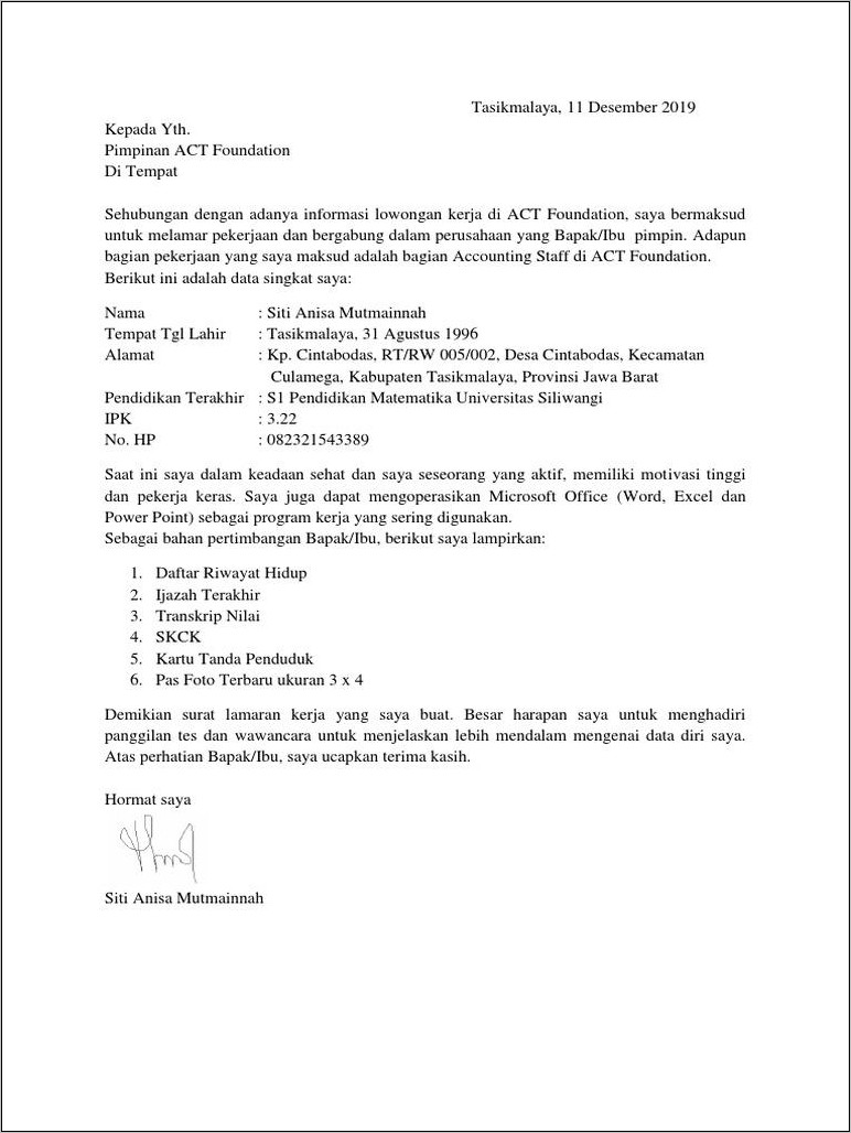 Contoh Surat Lamaran Untuk Kantor Camat