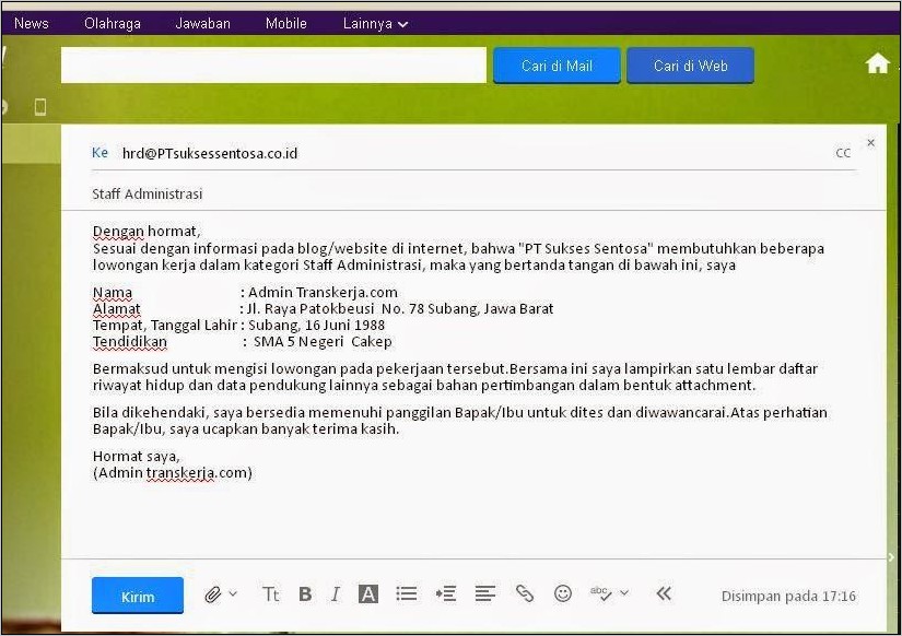 Contoh Surat Lamaran Untuk Lamaran Via Email