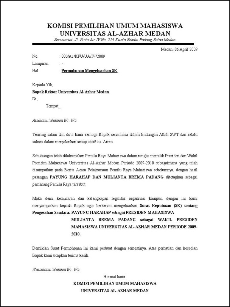 Contoh Surat Lamaran Untuk Organisasi