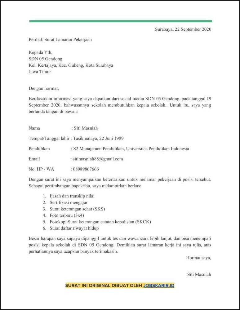 Contoh Surat Lamaran Untuk Pegawai Di Sd