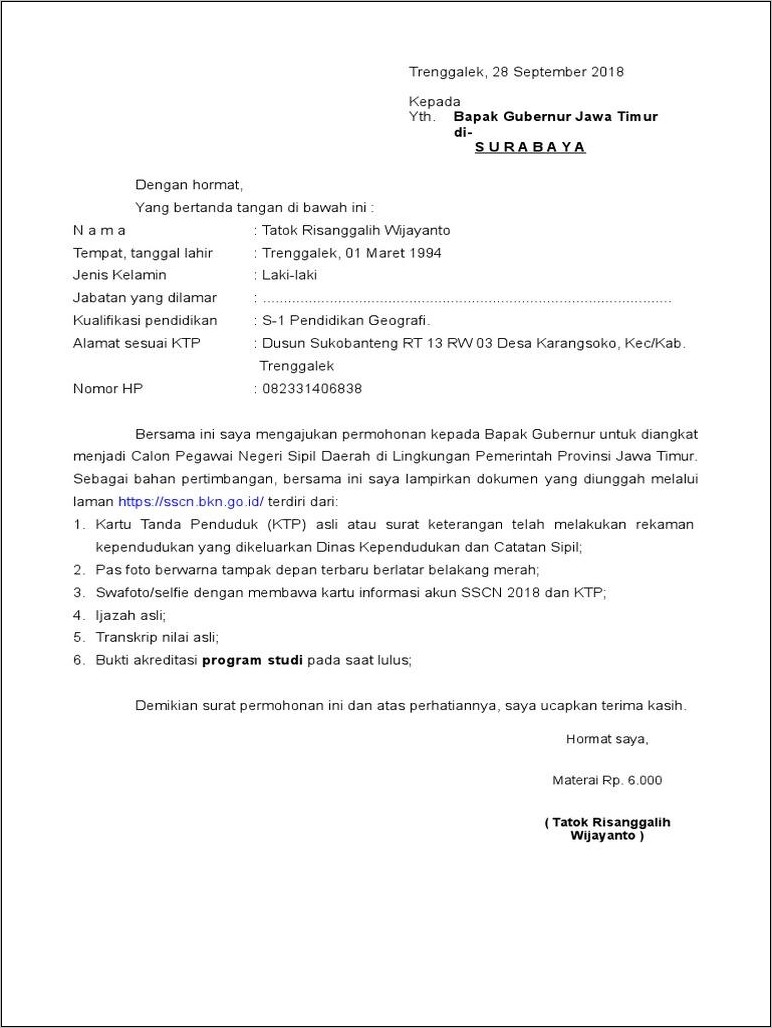 Contoh Surat Lamaran Untuk Pemerintah Provinsi Jawa Timur