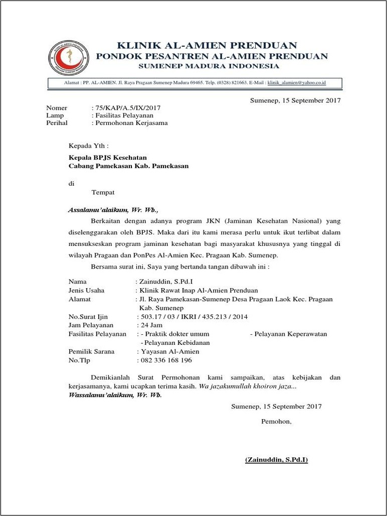 Contoh Surat Lamaran Untuk Pesantren