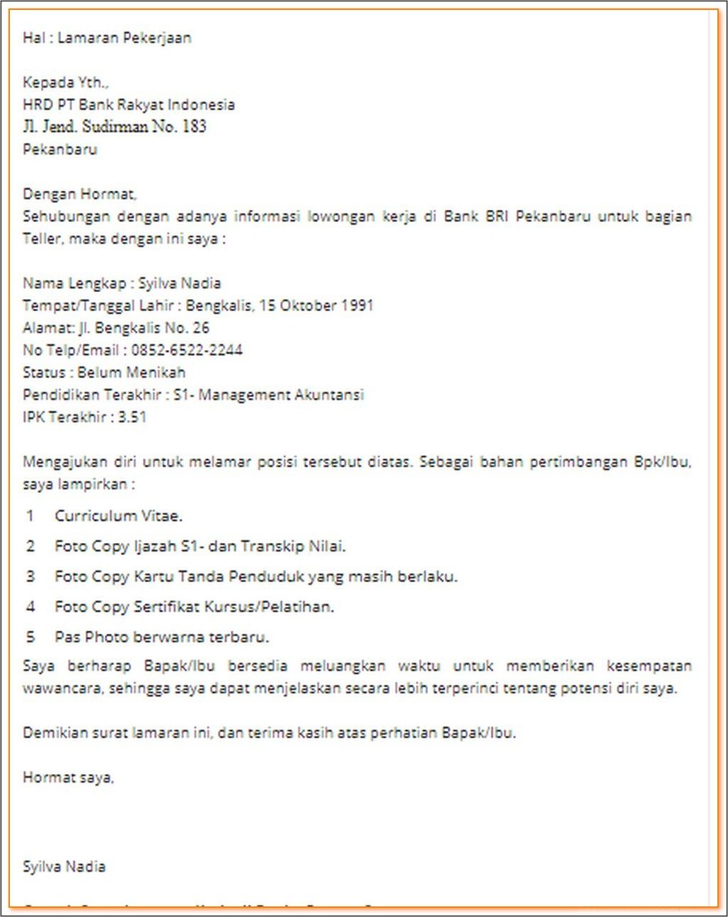 Contoh Surat Lamaran Untuk Pjm Bri