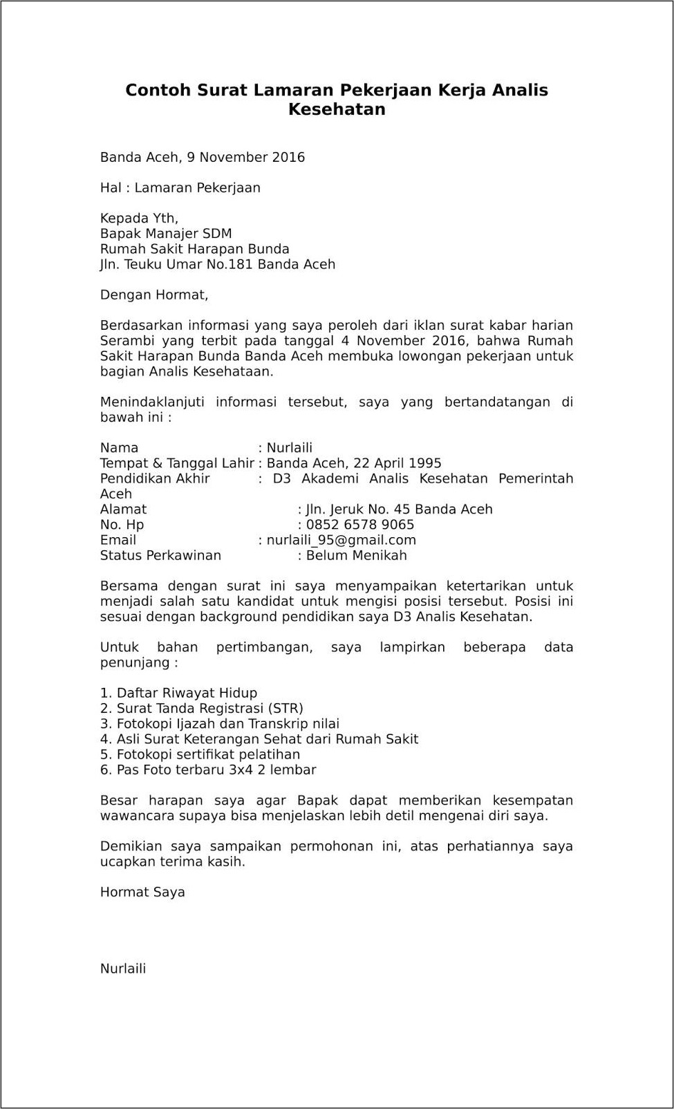 Contoh Surat Lamaran Untuk Rumah Sakit It