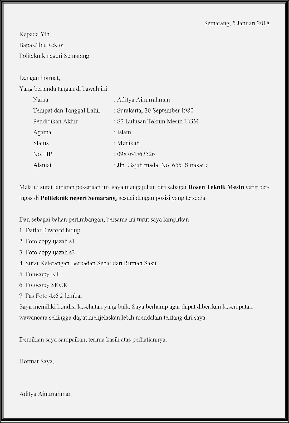 Contoh Surat Lamaran Untuk S2