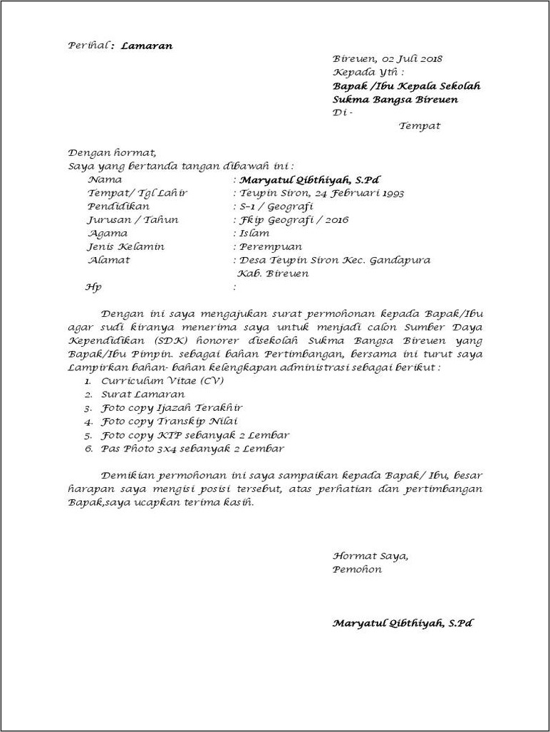 Contoh Surat Lamaran Untuk Sekolah Sukma Aceh