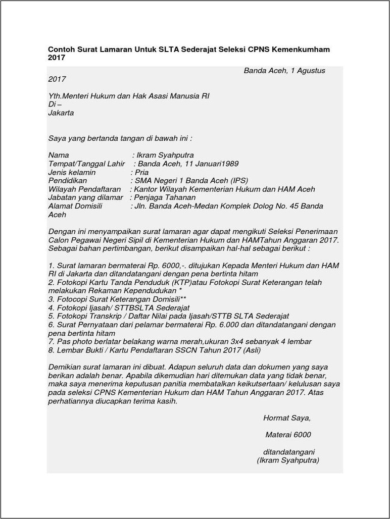 Contoh Surat Lamaran Untuk Slta Sederajar Kemenkum Ham