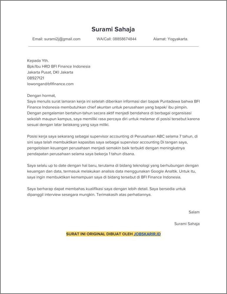 Contoh Surat Lamaran Untuk Supervisor