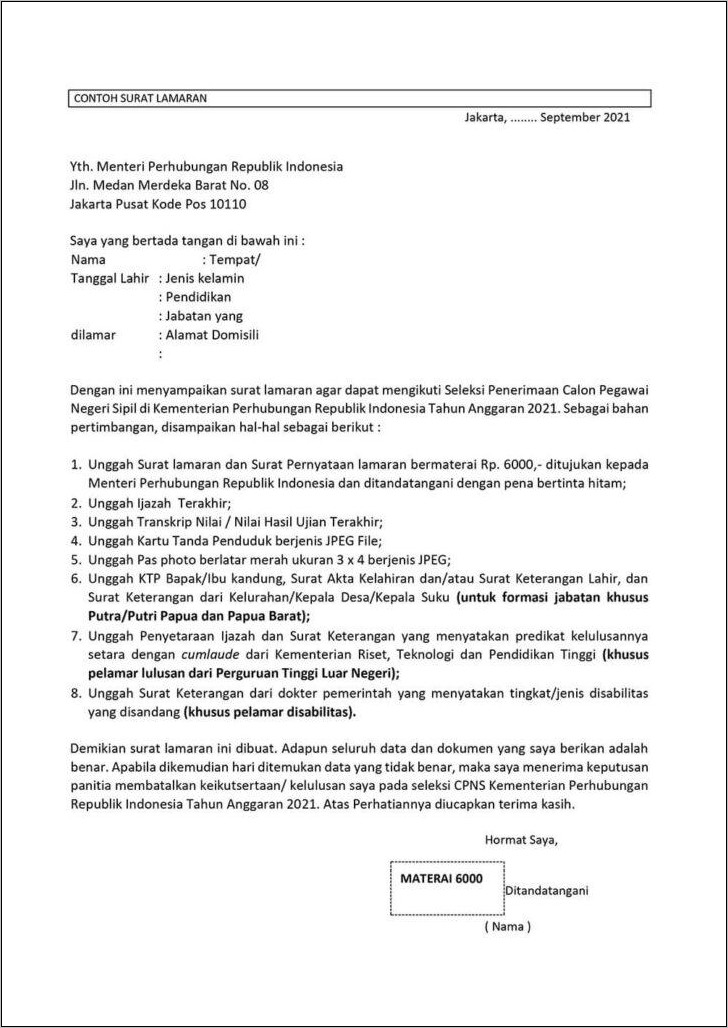 Contoh Surat Lamaran Untuk Untuk Cpns Kemenag