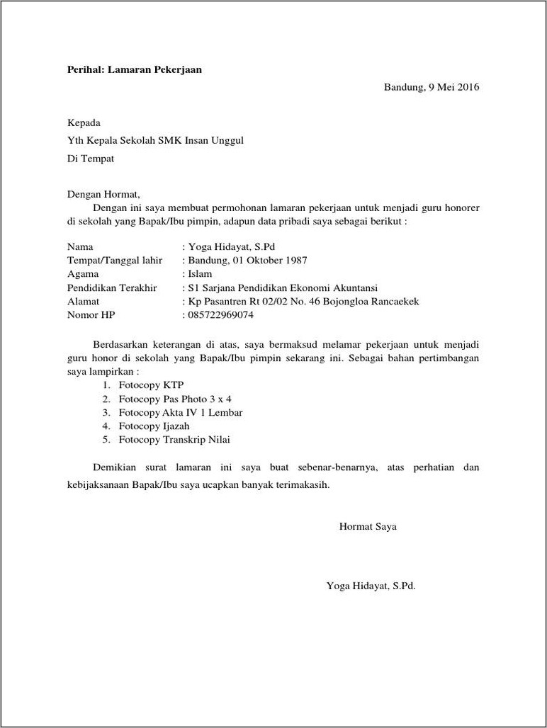 Contoh Surat Lamaran Utk Menjadi Guru Smk