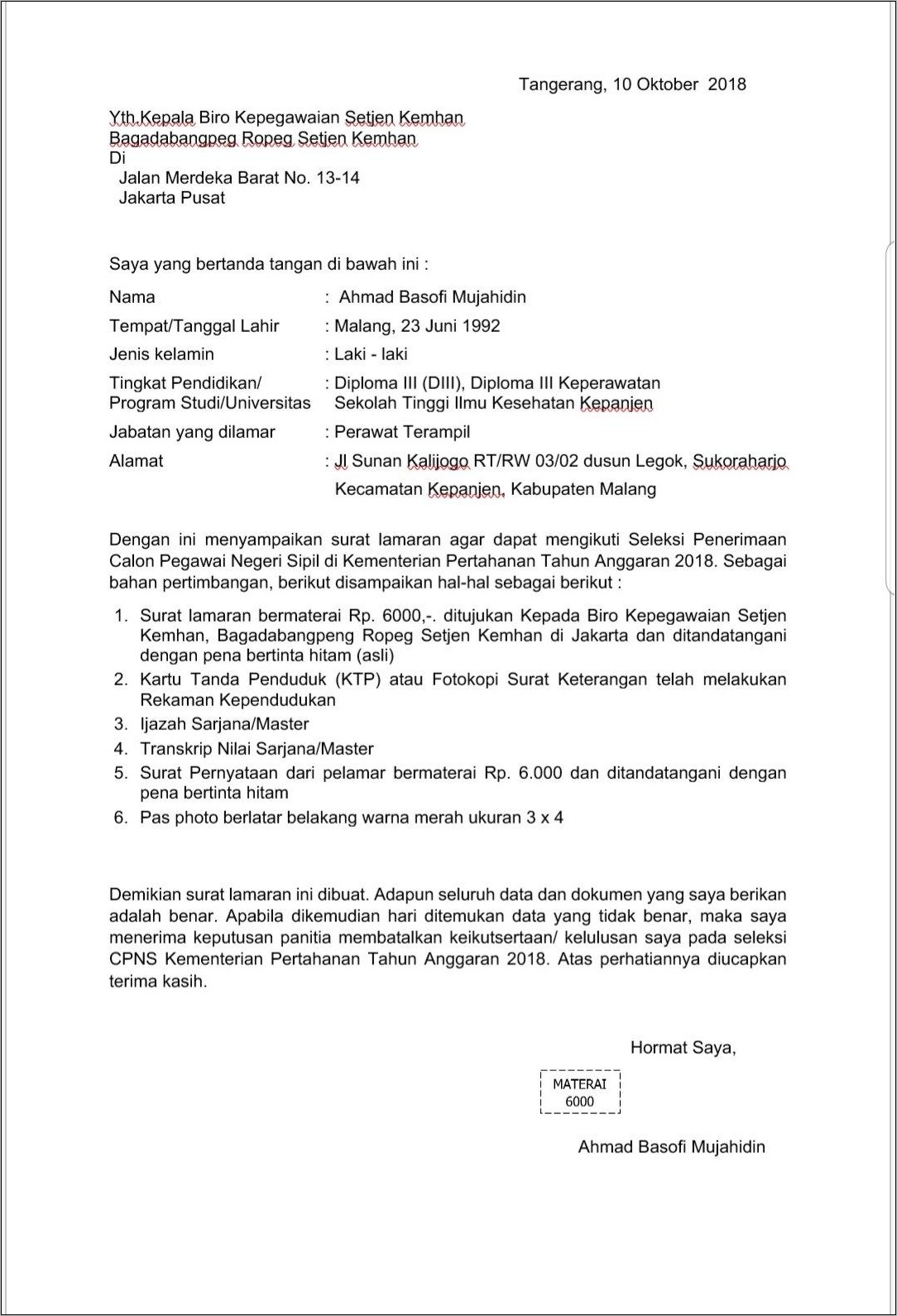 Contoh Surat Lamaran Yang Benar Untuk Diii