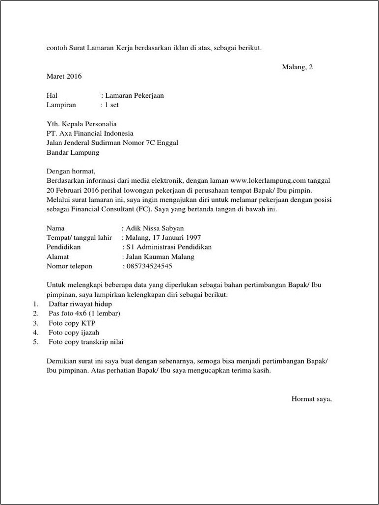 Contoh Surat Lamaran Yang Termuat Di Koran