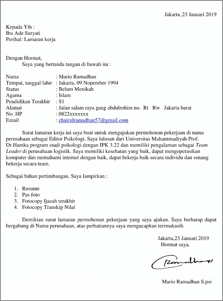 Contoh Surat Lamqran Kerja Tulis Tangan