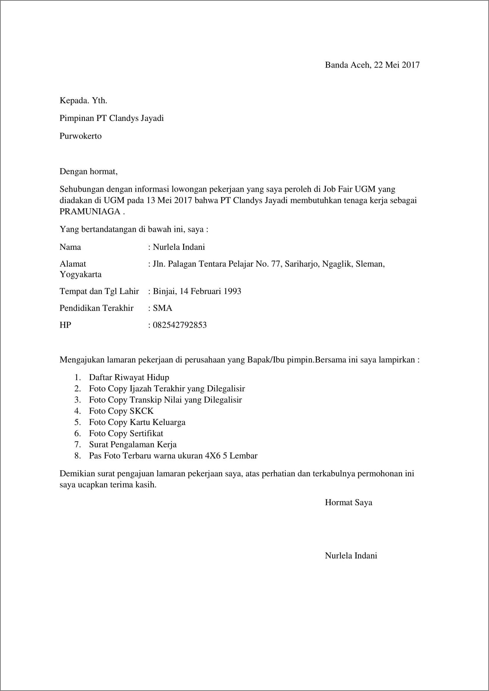 Contoh Surat Lowongan Kerja Singkat