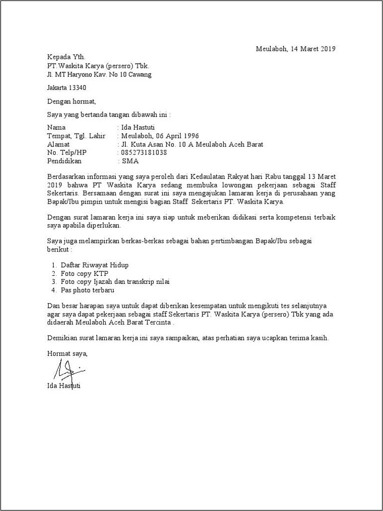 Contoh Surat Lowongan Pekerjaan Waskita