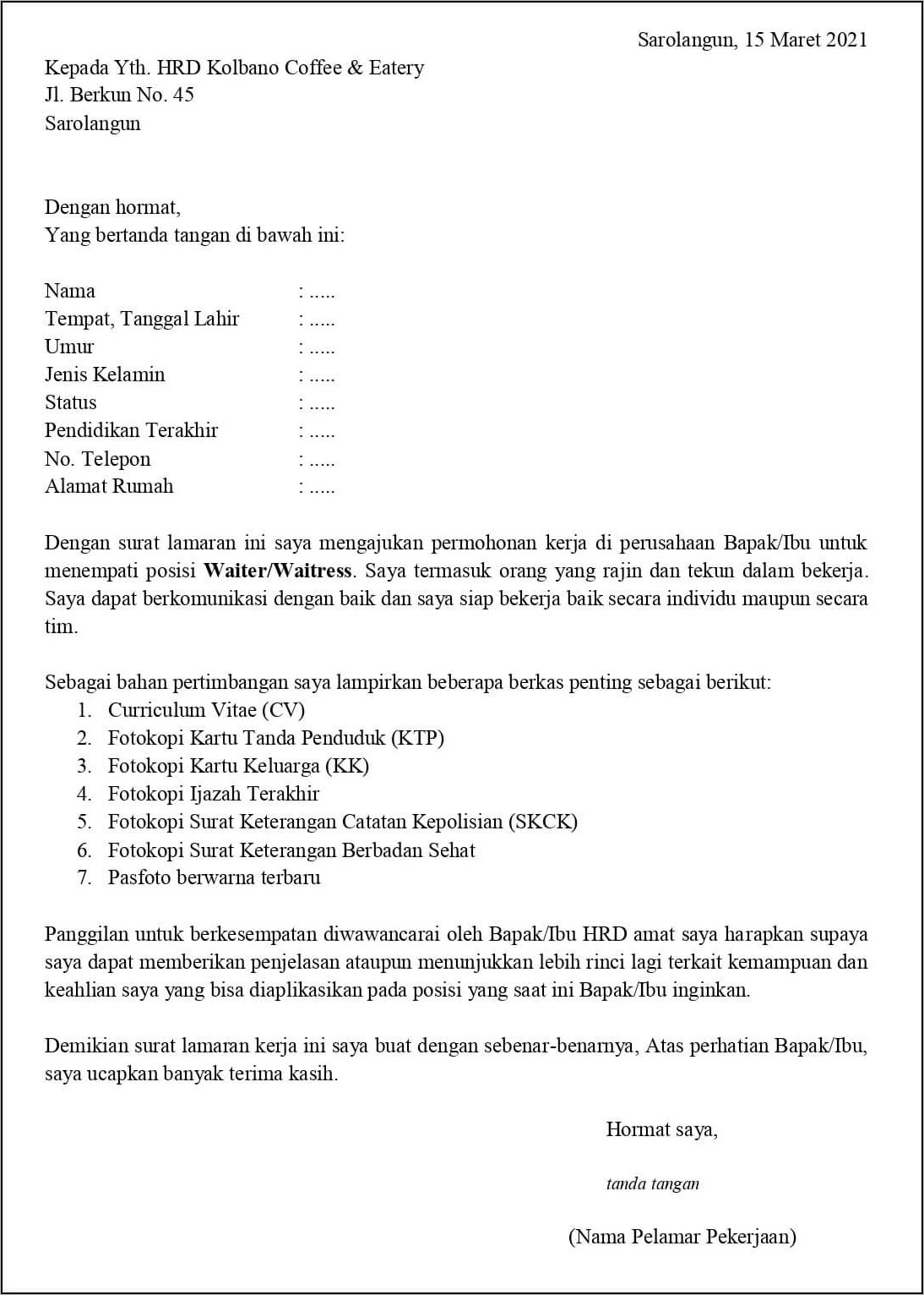 Contoh Surat Meamar Pekerjaan Sendiri