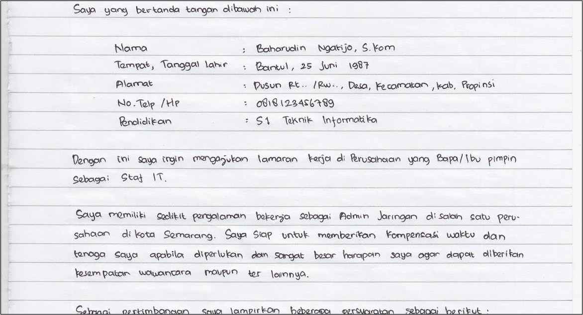 Contoh Surat Melamar K Tni