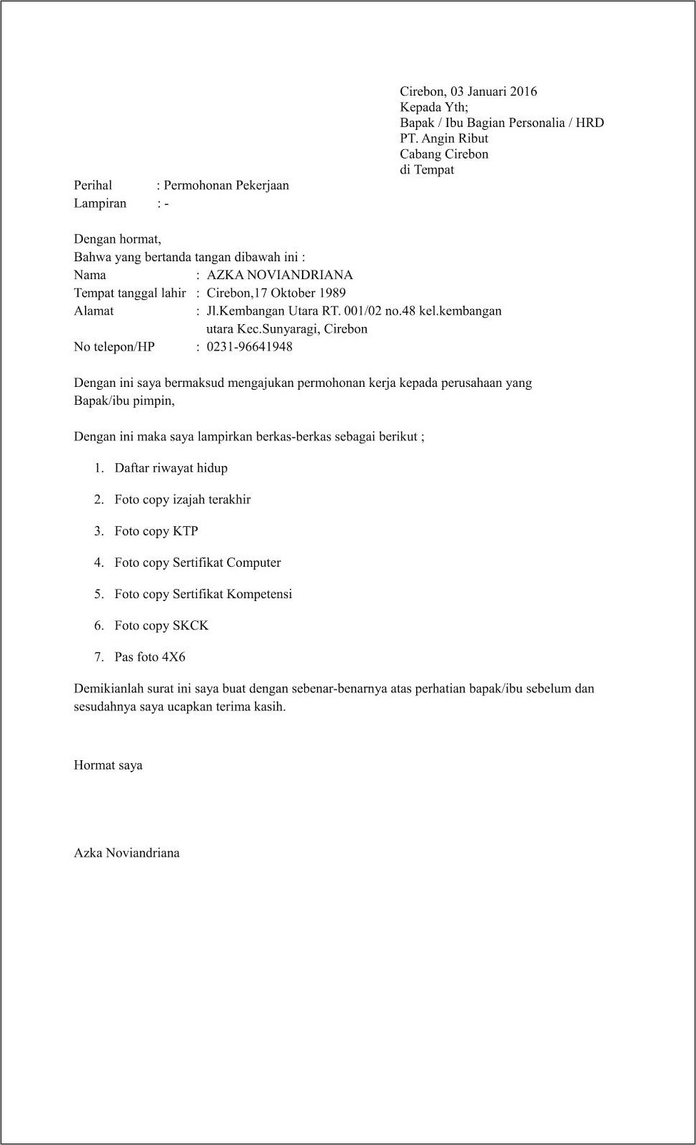 Contoh Surat Melamar Kerja Di Cafe