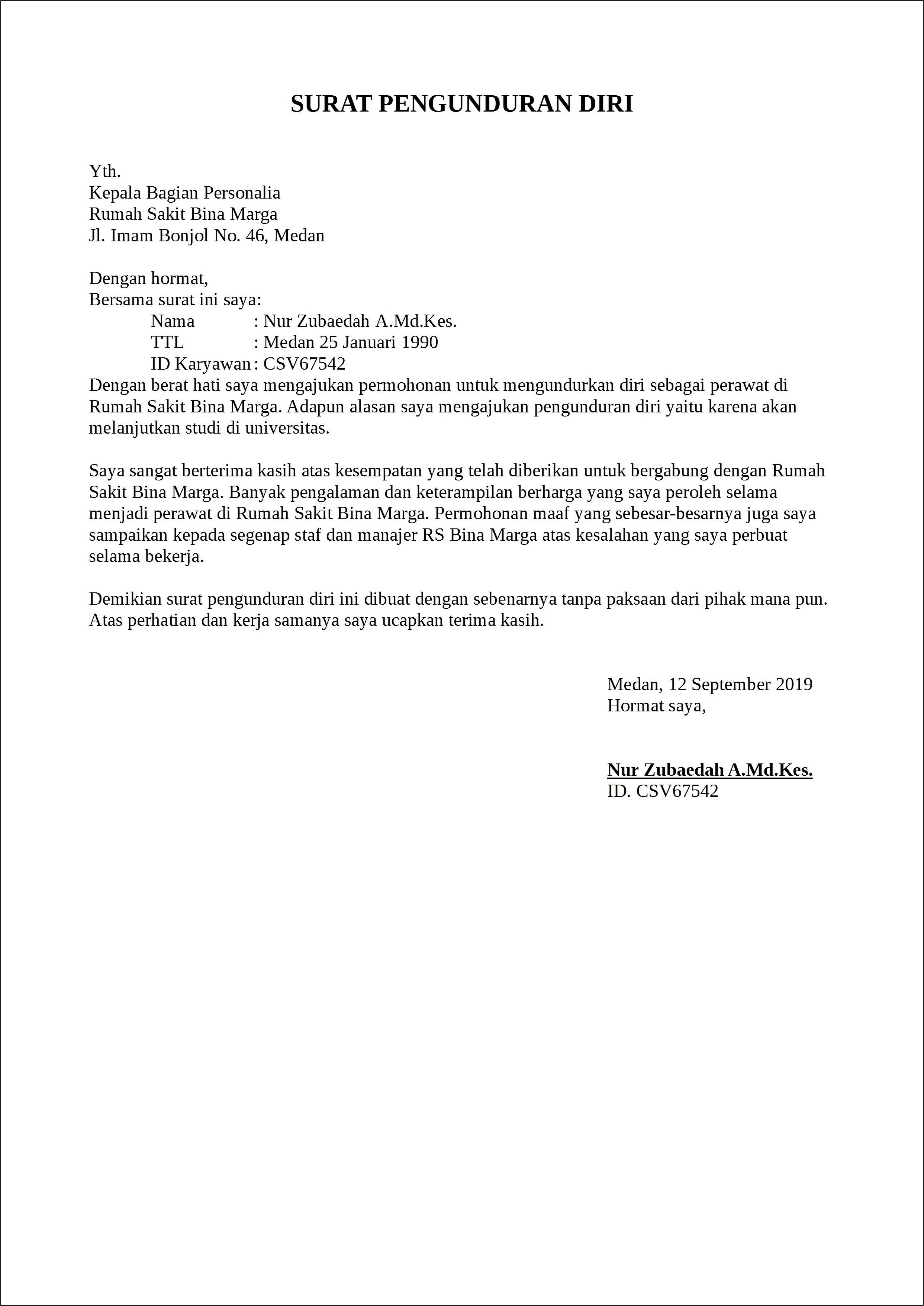 Contoh Surat Mengundurkn Diri Dari Pekerjaan Pengadaan