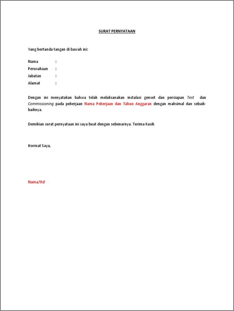 Contoh Surat Menyatakan Pekerjaan Idle