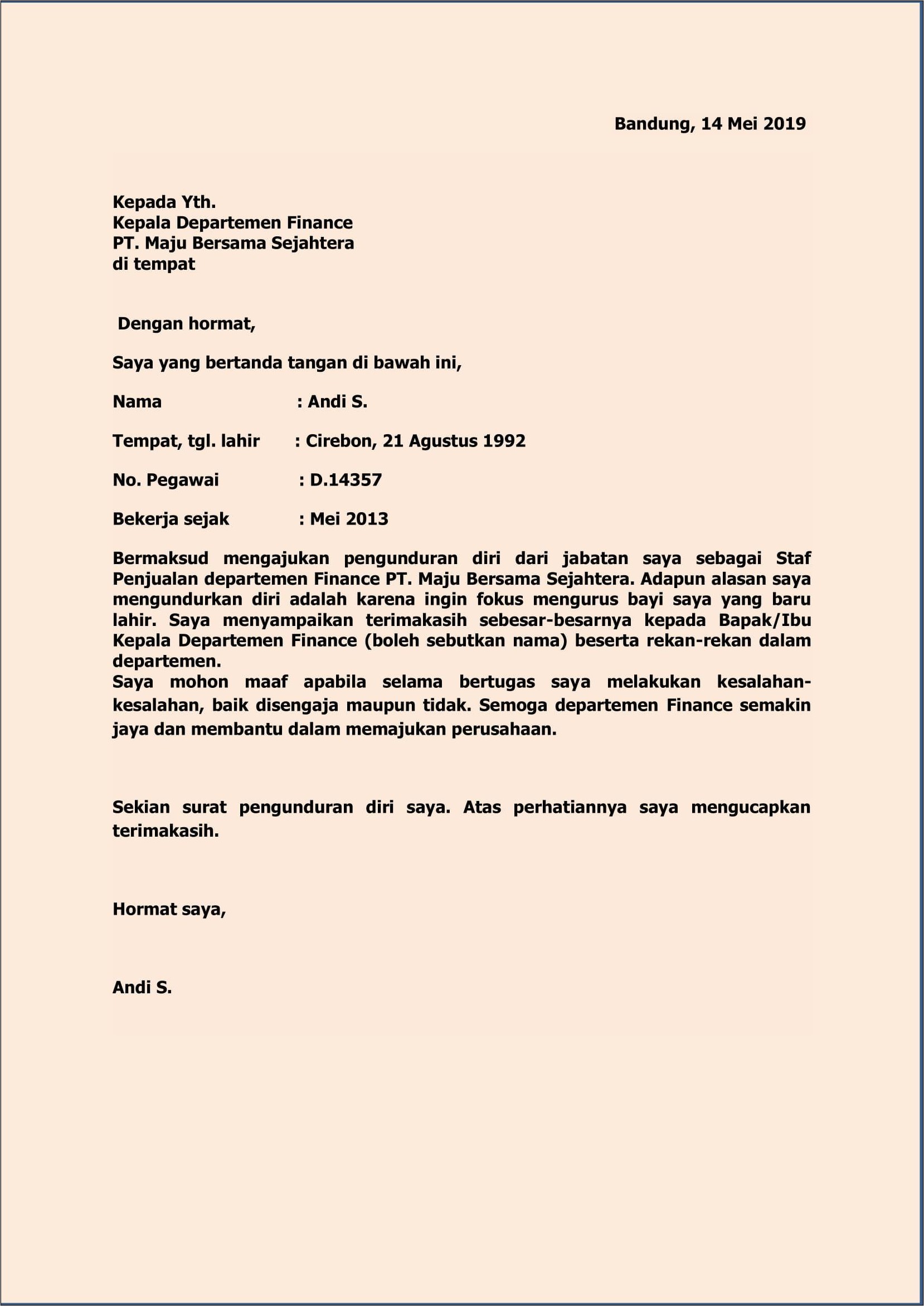 Contoh Surat Oengunduran Diri Dari Pekerjaan