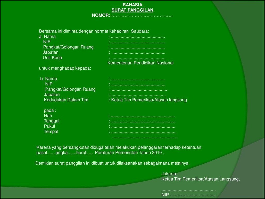 Contoh Surat Panggilan Disiplin Kerja