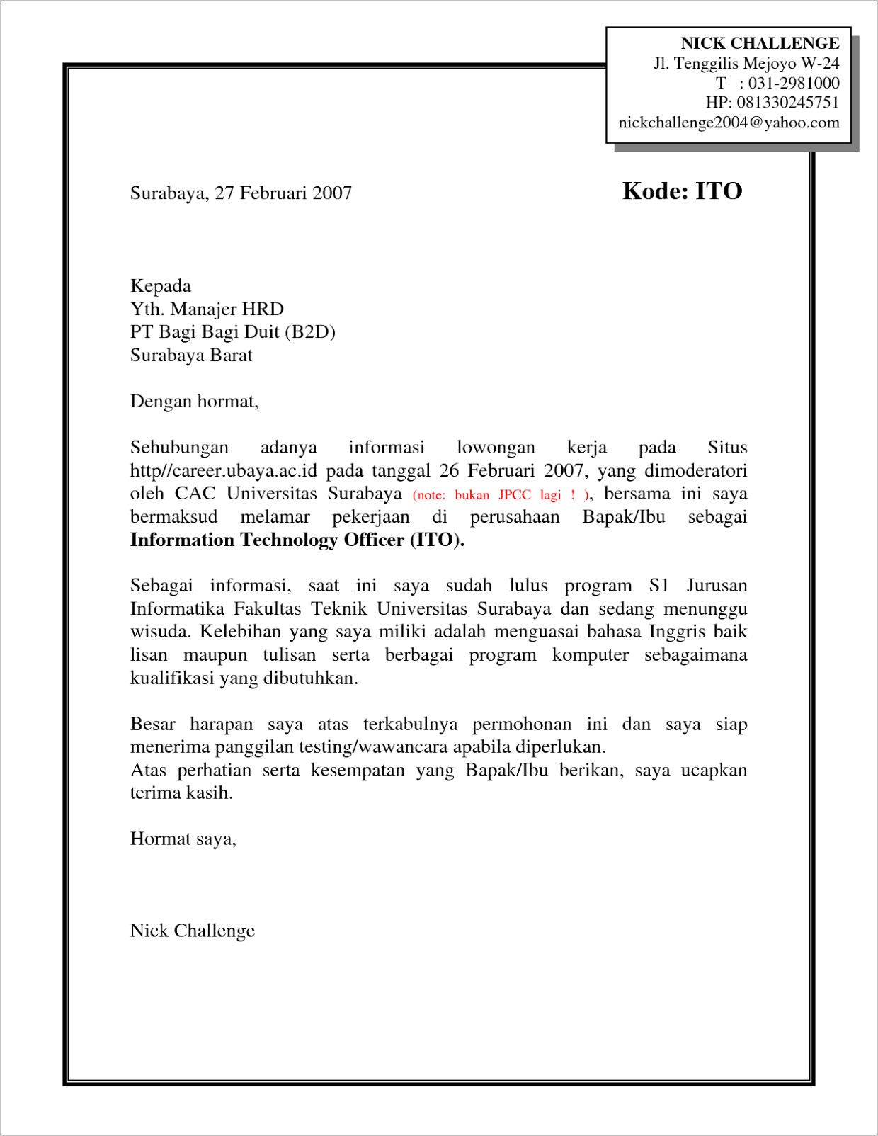 Contoh Surat Panggilan Lamaran