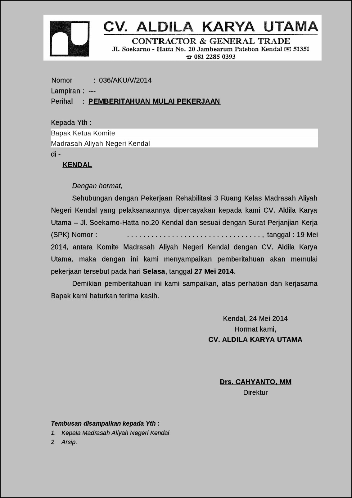 Contoh Surat Pekerjaan Proyek