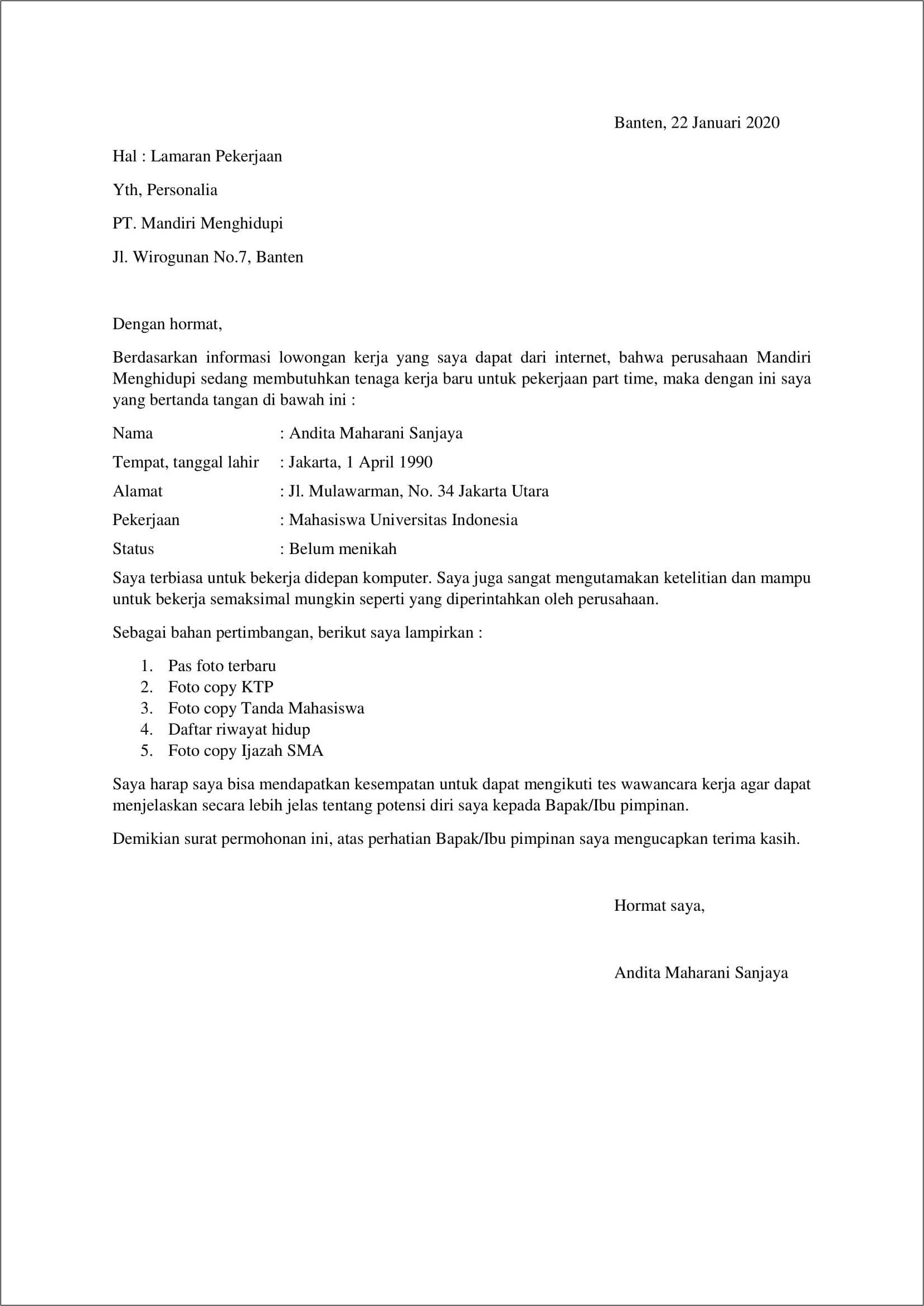 Contoh Surat Pelamar Mahasiswam